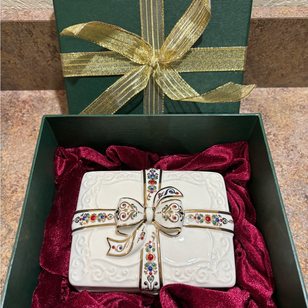 Elegant Lenox Gift shaped Trinket or Jewelry Box with Colorful Accents